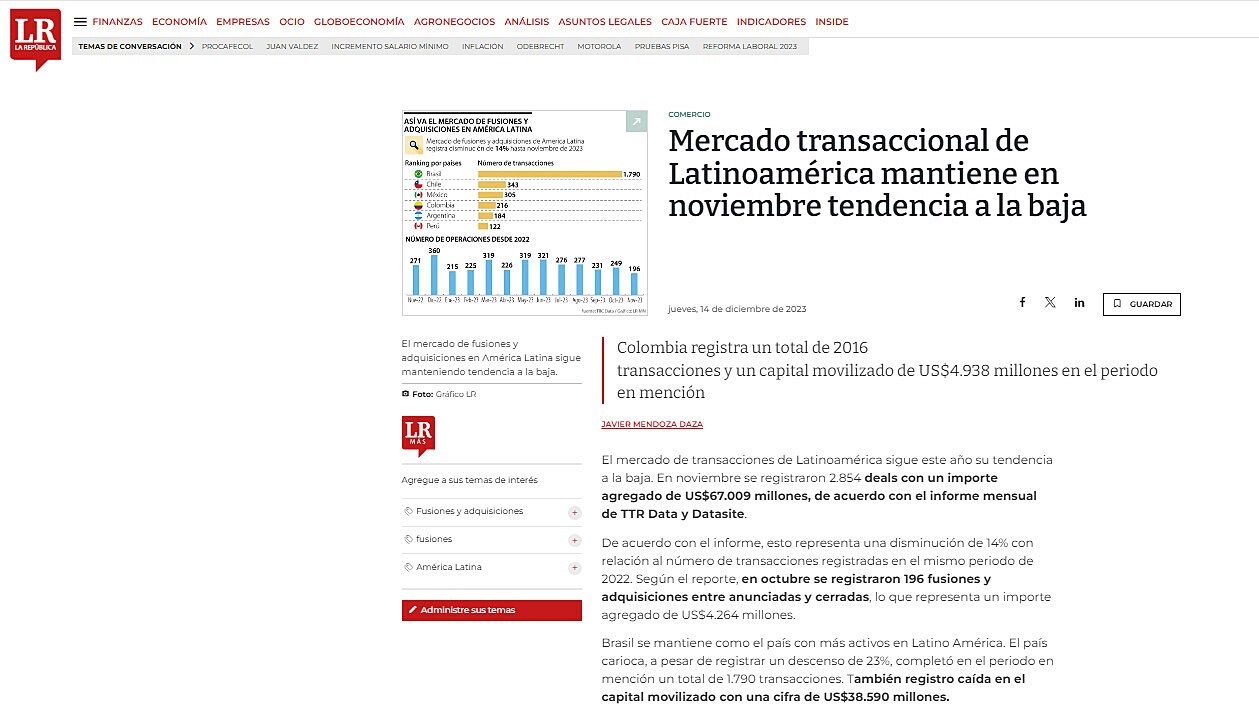 Mercado transaccional de Latinoamrica mantiene en noviembre tendencia a la baja